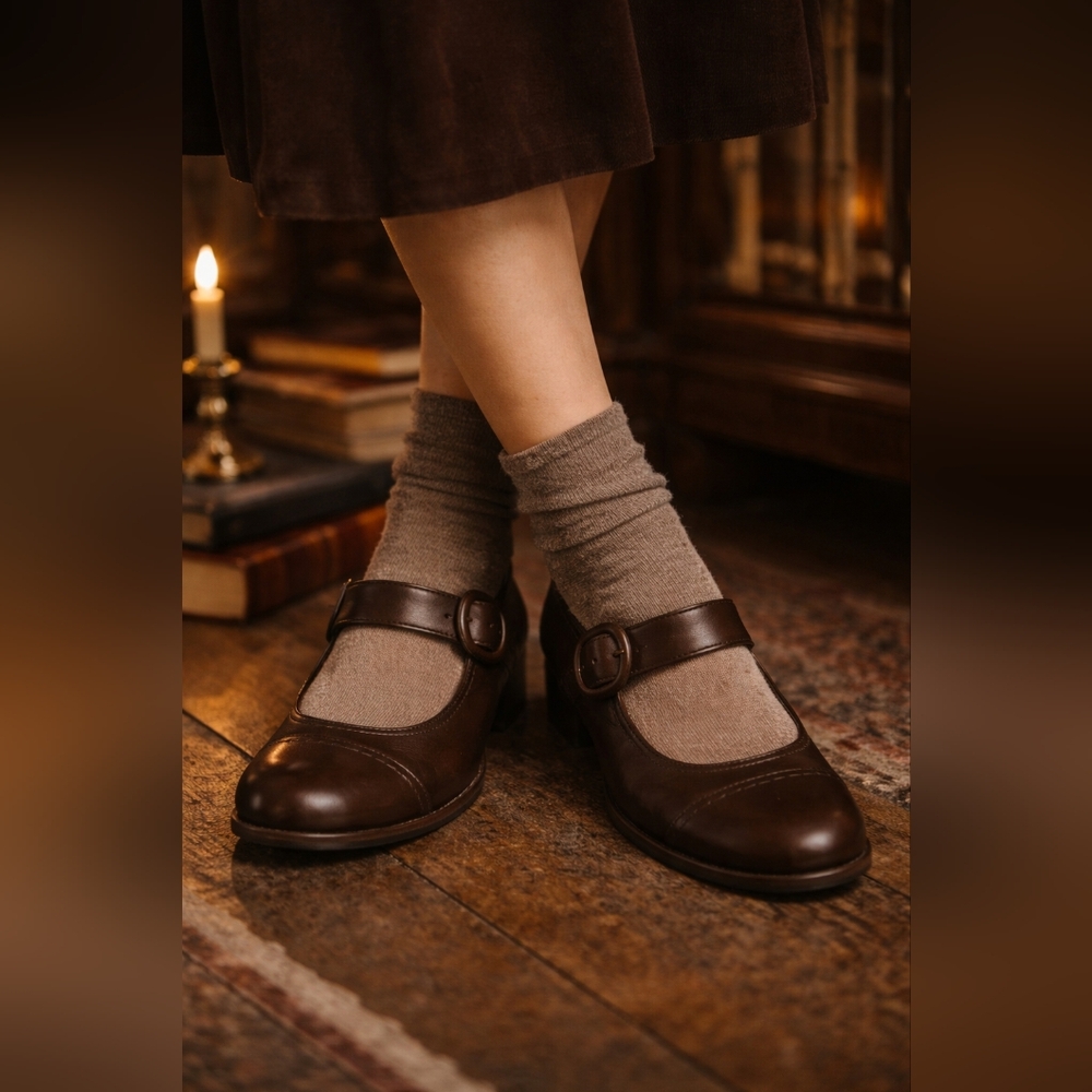 Brown Leather Mary Jane Shoes Womens 10 Round Buckle Strap Vintage Indie Comfort